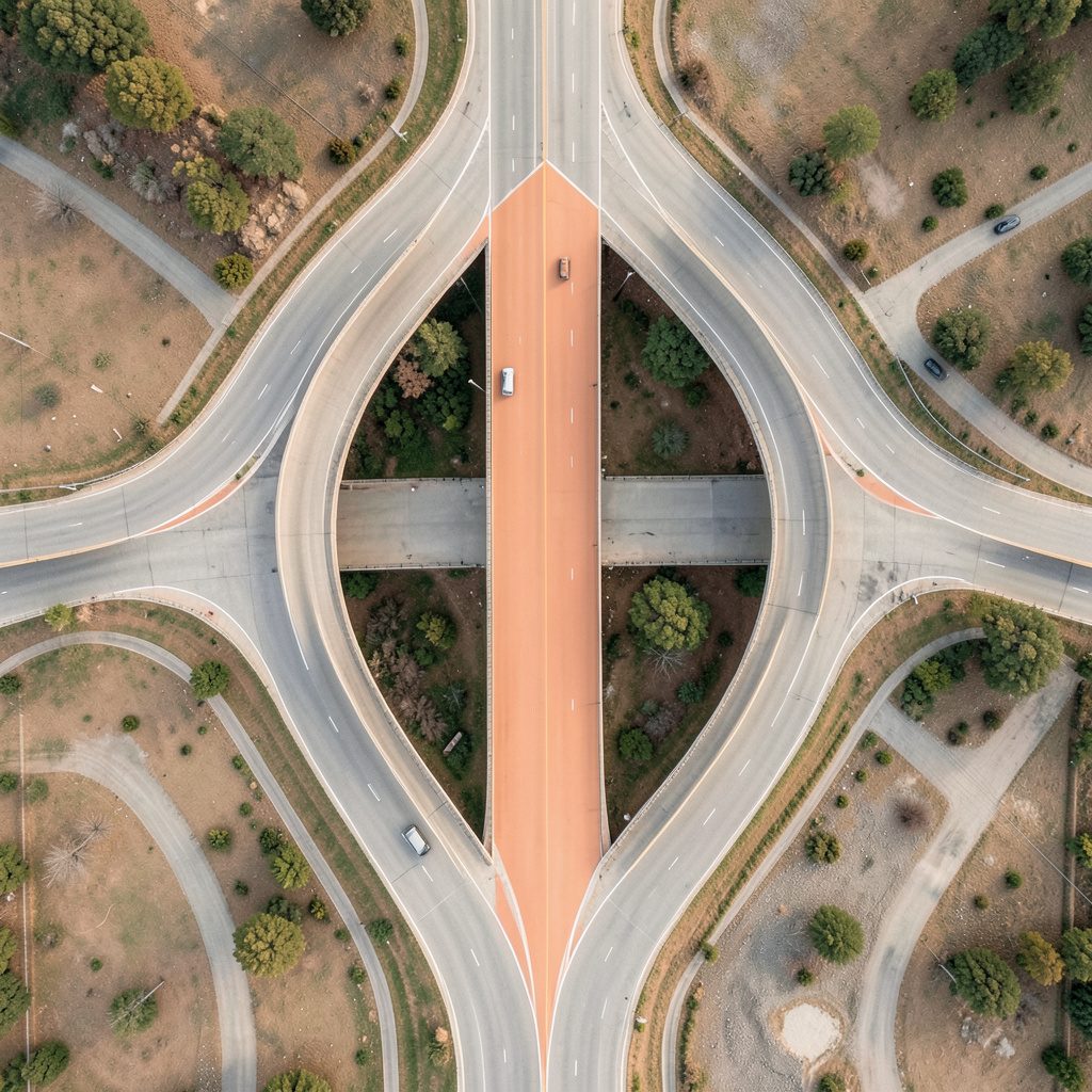 Aerial detail of a sweeping road interchange curve rendered in soft neutral grays and warm earth tones